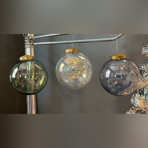 3 Vintage Etched Glass Kugel Style Handblown Ornaments